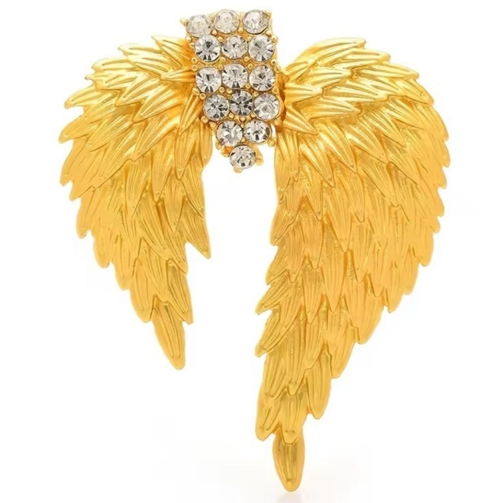 New! Golden Winged Feather Grace Crystal Brooch Pin Statement Sculptual